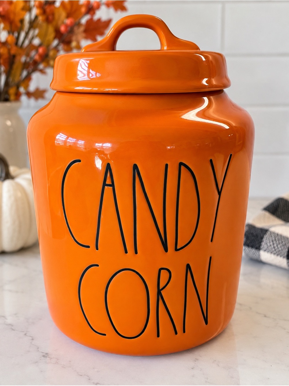 Rae Dunn CANDY CORN Orange Canister Large 7.5” Halloween Fall Ceramic Magenta